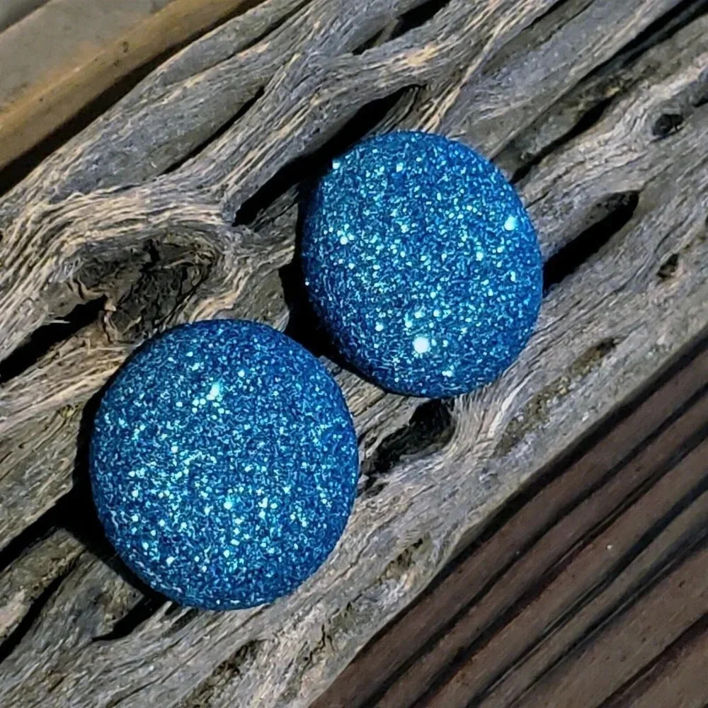 Retro 80s Club Glam Disco Sparkly Turquoise Blue Fabric Button Earrings - Picture 7 of 10